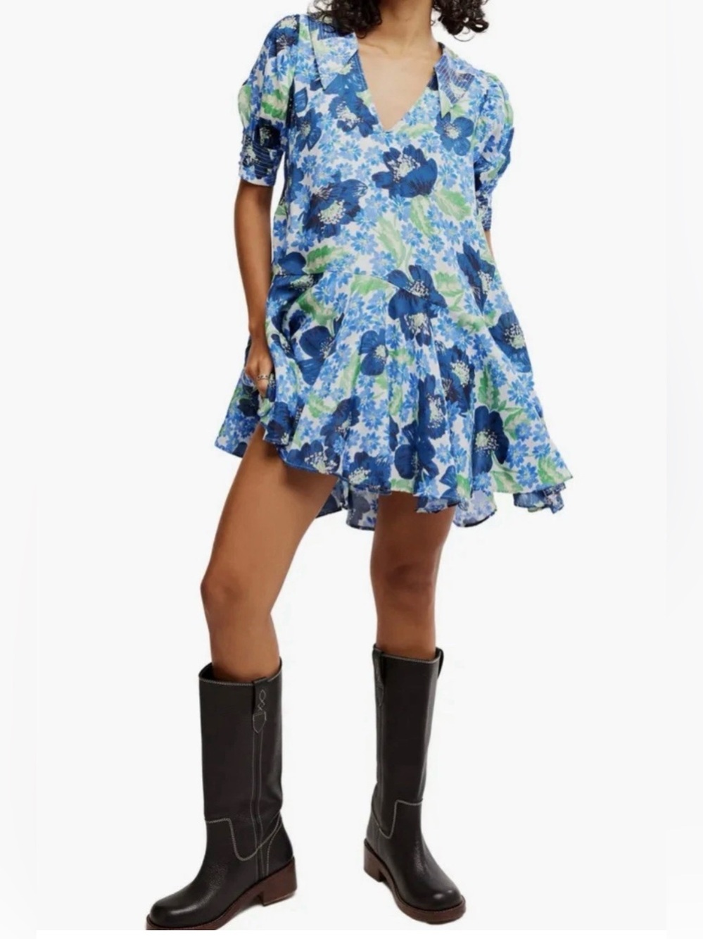 Free People Moon Chaser Blue Floral Mini Dress Size Large 3/4 Sleeve G30